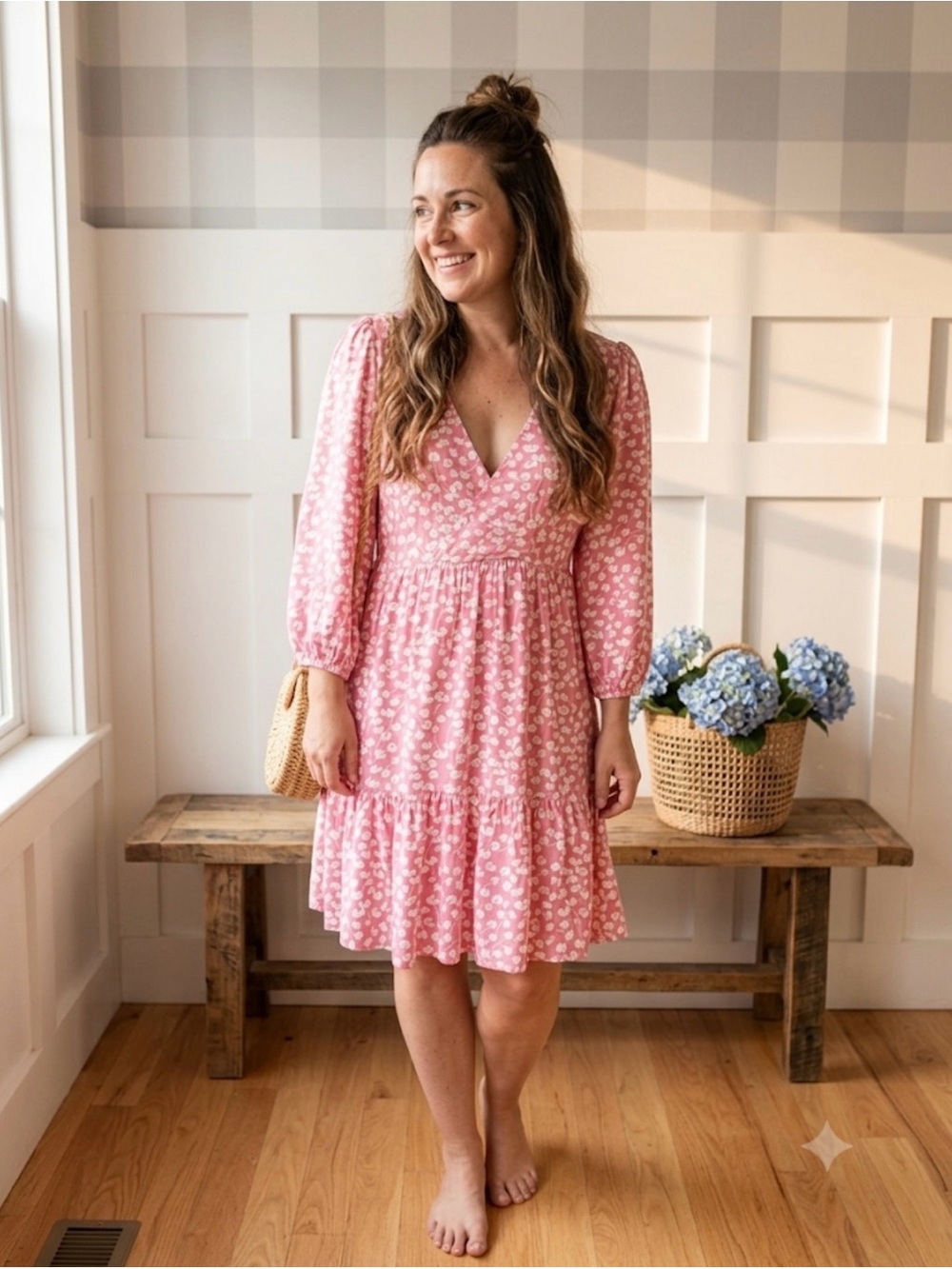 Petal & Pup Pink Floral V-Neck Puff Sleeve Tiered Midi Dress 6